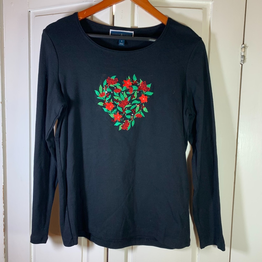 Karen Scott Black Long Sleeve Top Poinsettia Christmas Heart Embroidery Size M